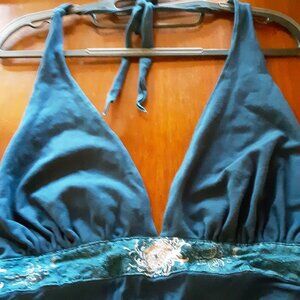 Peacock blue women's tie halter top, cotton stretch